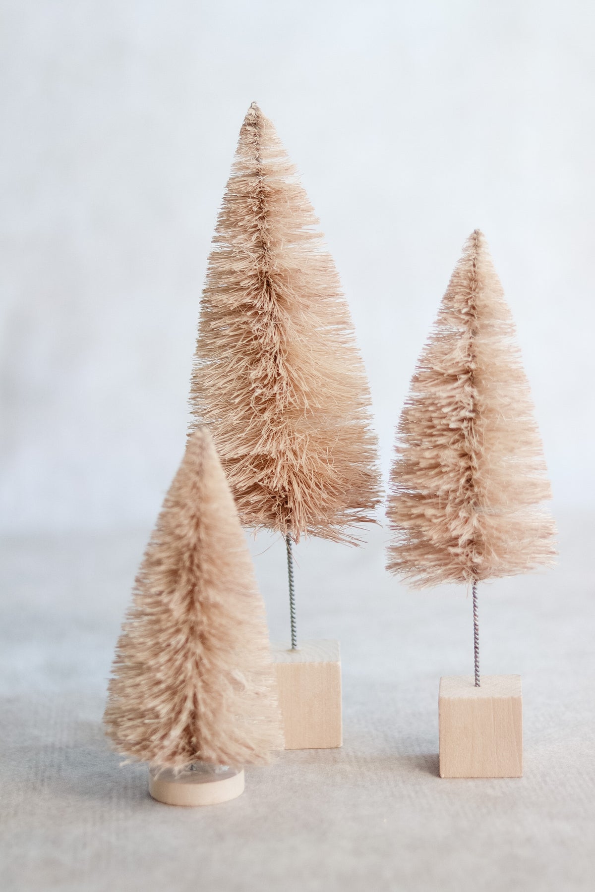 Cream Bottle Brush Tree with Wood Base Set of 3