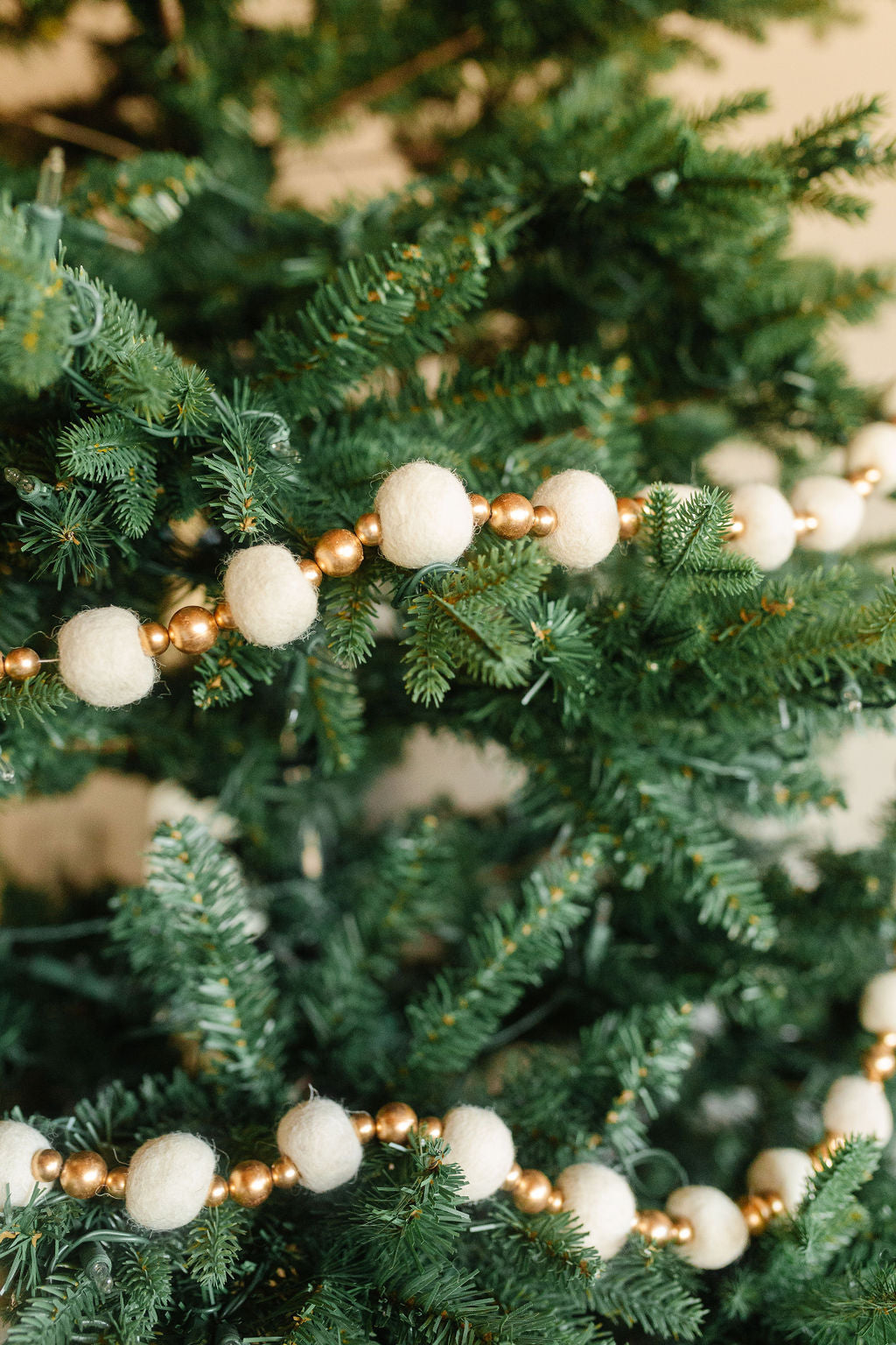 Handmade Wool Felt Ball &amp; Gold Bead Garland