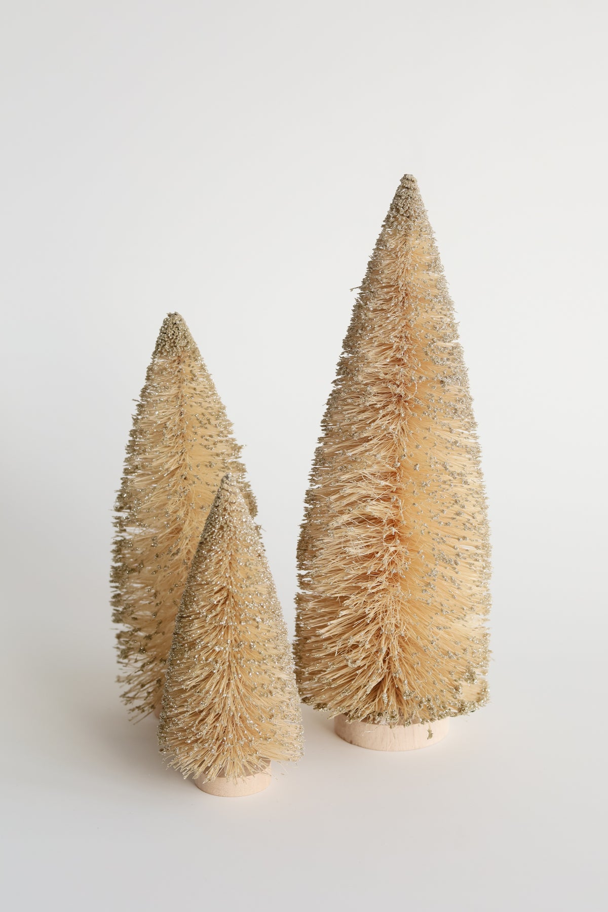 Bottle Brush Trees with Faux Snow &amp; Wooden Base | Set of 3